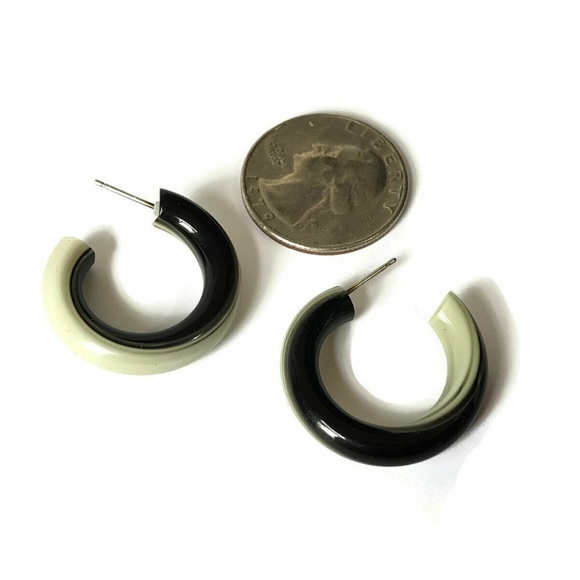 Black & Ivory Lucite Stripe Tube Hoop Earrings - Picture 6 of 7